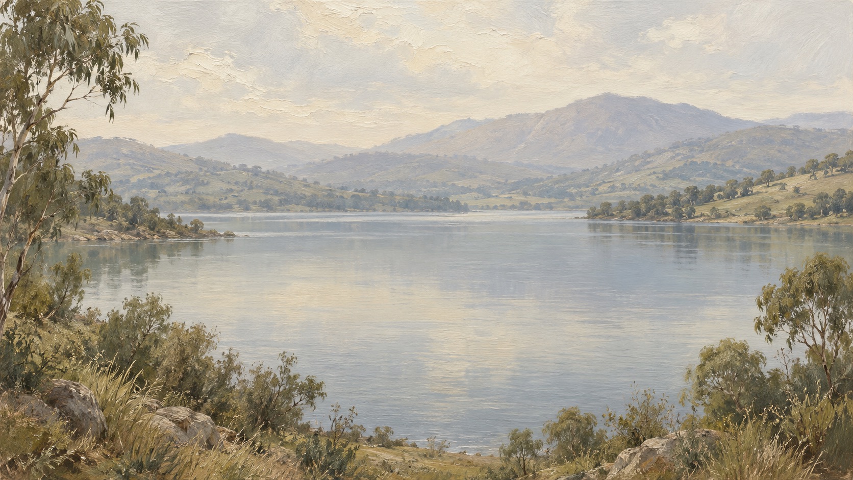 Oil-painted Australian lake and mountain landscape